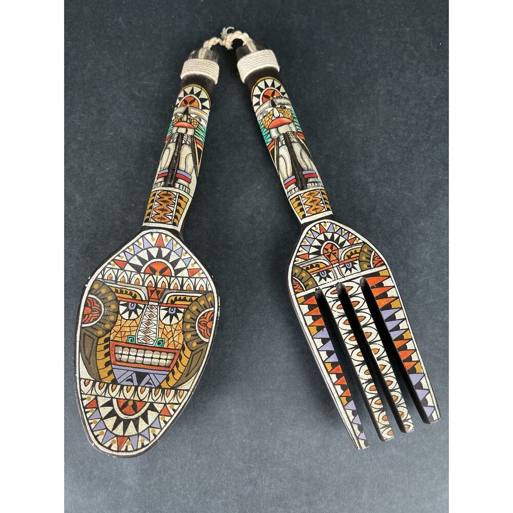 VTG MCM 13” Handpainted Wood Fork & Spoon Wall Hangings Aztec Tiki Tribal Totem